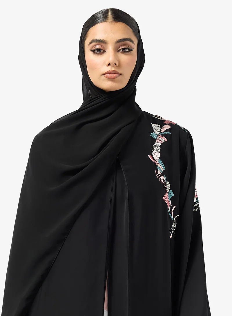 hayas closet  Black Embroidered Abaya With Sheila for Women | Best Price UAE